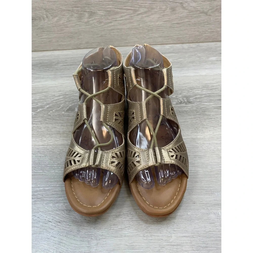 Comfortiva Women's Gold Leather Laser Cut Gladiator Wedge Comfort‎ Sandals 8.5